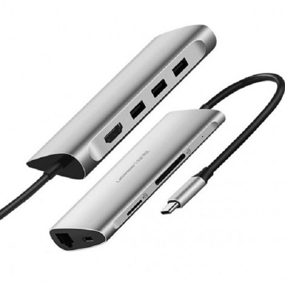 Thiết bị mở rộng USB type-C sang HDMI/Ethernet/Hub USB 3.0/Card SD/TF Ugreen 50516 màu bạc cao cấp 1