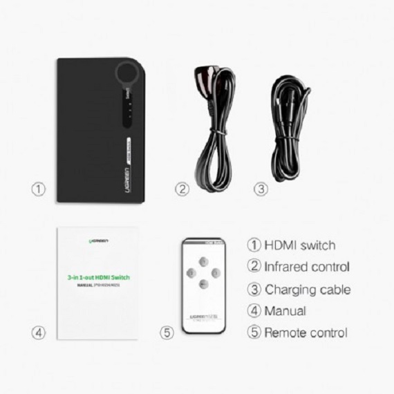 Bộ gộp HDMI 3 vào 1 ra hỗ trợ 3D full HD chính hãng Ugreen UG 40234 cao cấp